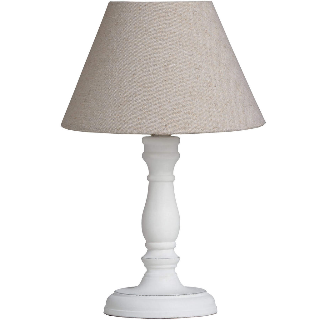 Cyrene table lamp with white wooden base and oatmeal shade, handcrafted beige lighting for home decor by Sostter at brixbailey.com