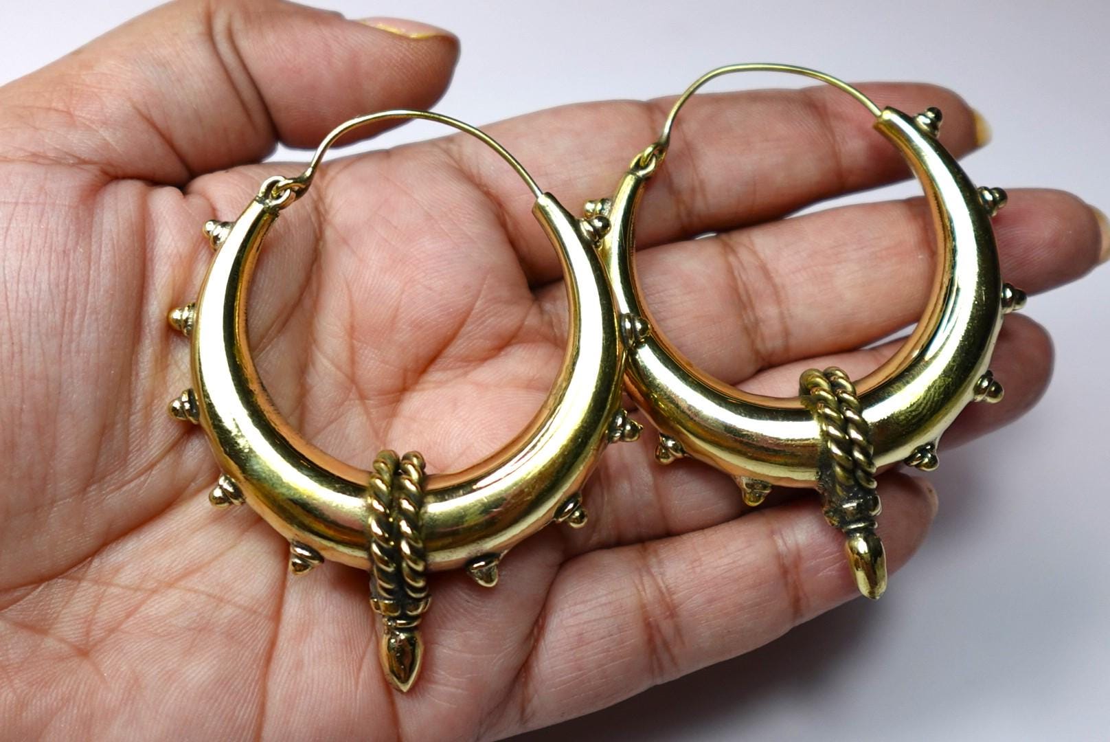 Chunky Brass Spike Hoop Earrings in Antique Gold