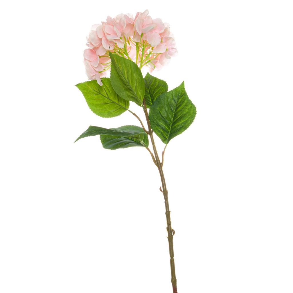 Lifelike faux hydrangea stem with soft pink blooms and green leaves, 70cm tall, for vase arrangements by sostter at brixbailey.com