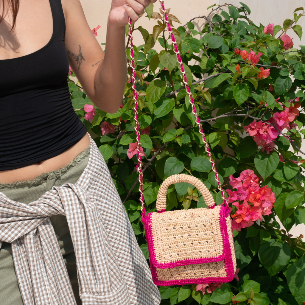 Handwoven Raffia Bag with Chain Strap