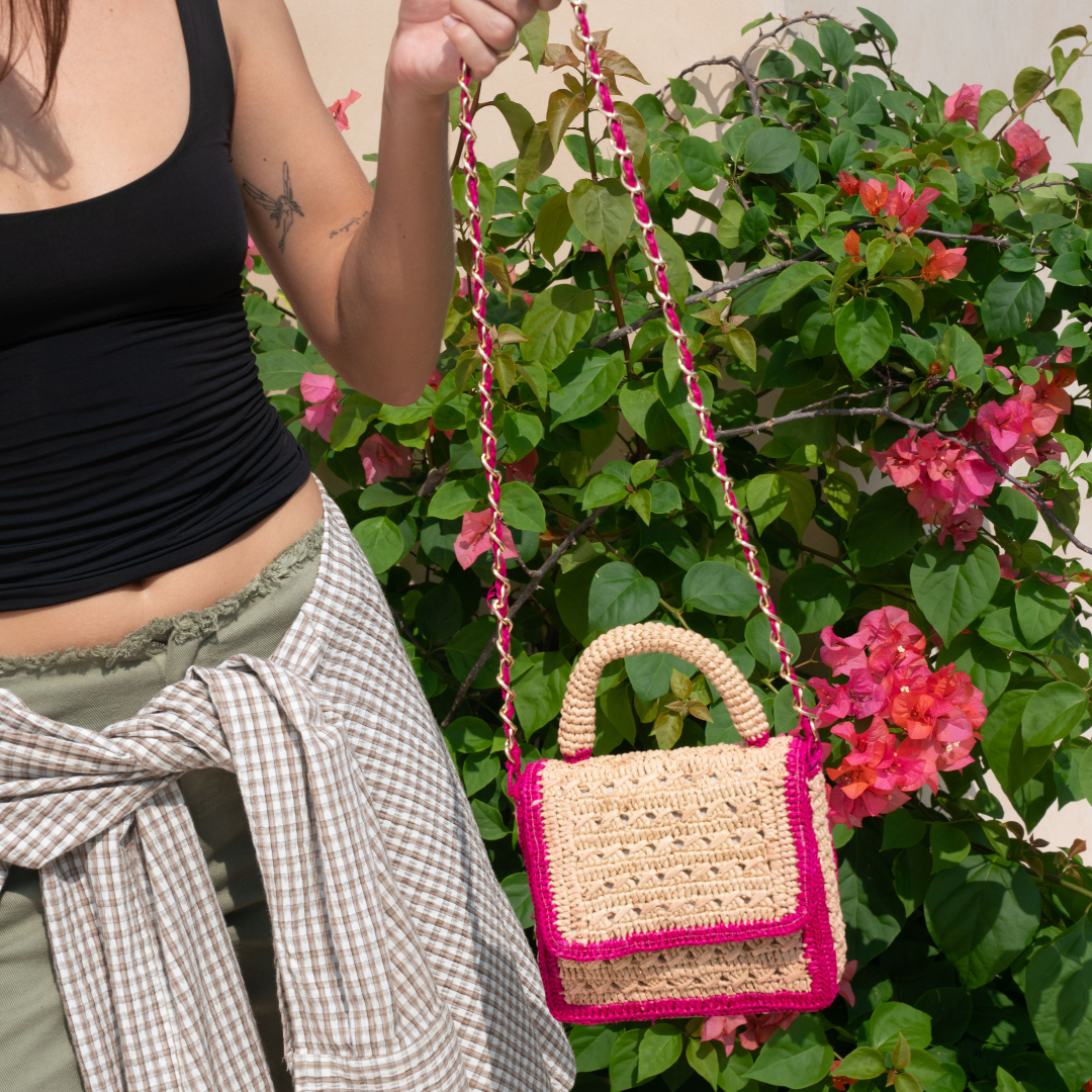 Handwoven Raffia Bag with Chain Strap
