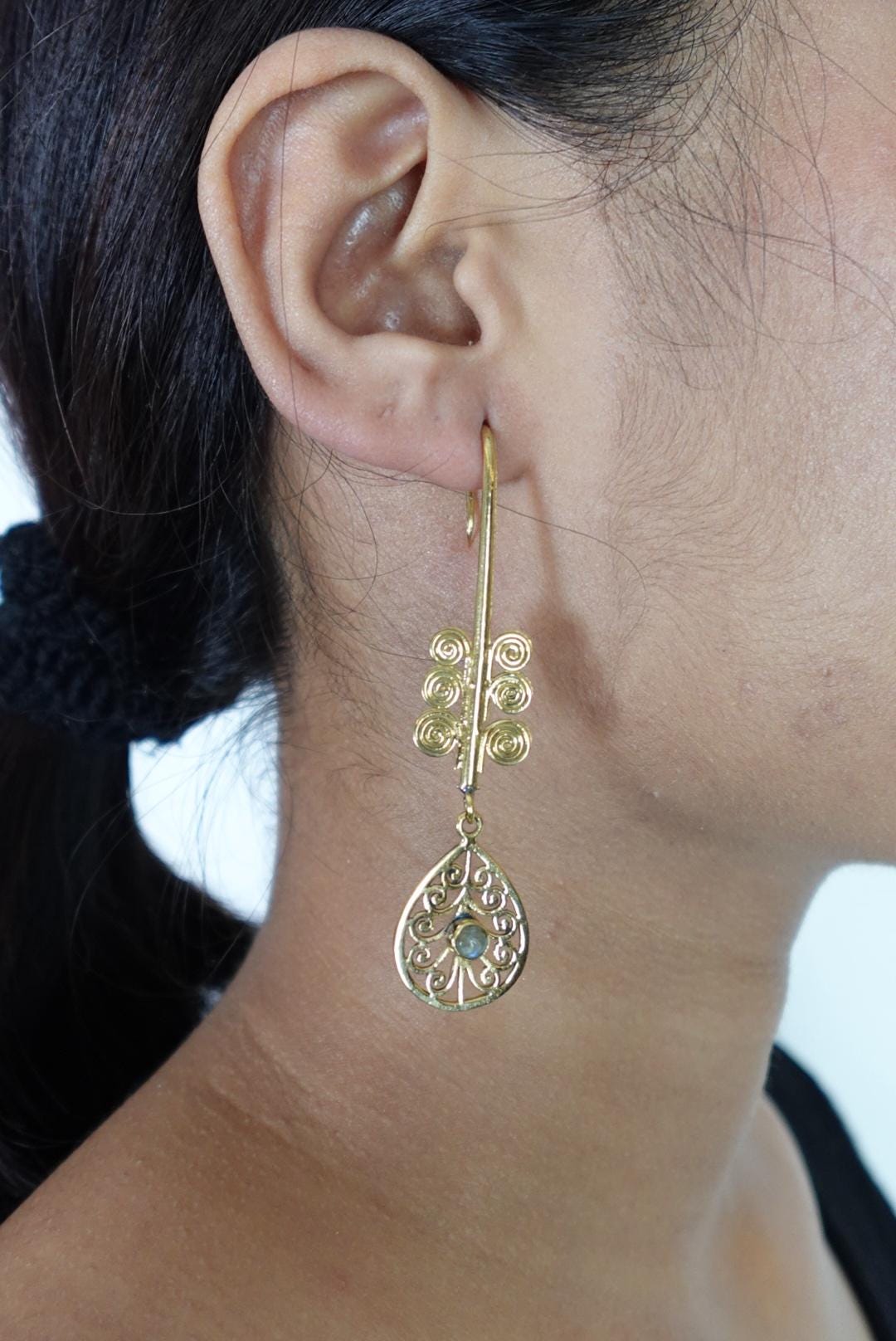 Mandala Filigree Drop Earrings in Brass with Spiral and Gem Detail