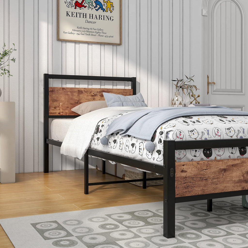 Industrial Metal Single Bed Frame with Wood Headboard