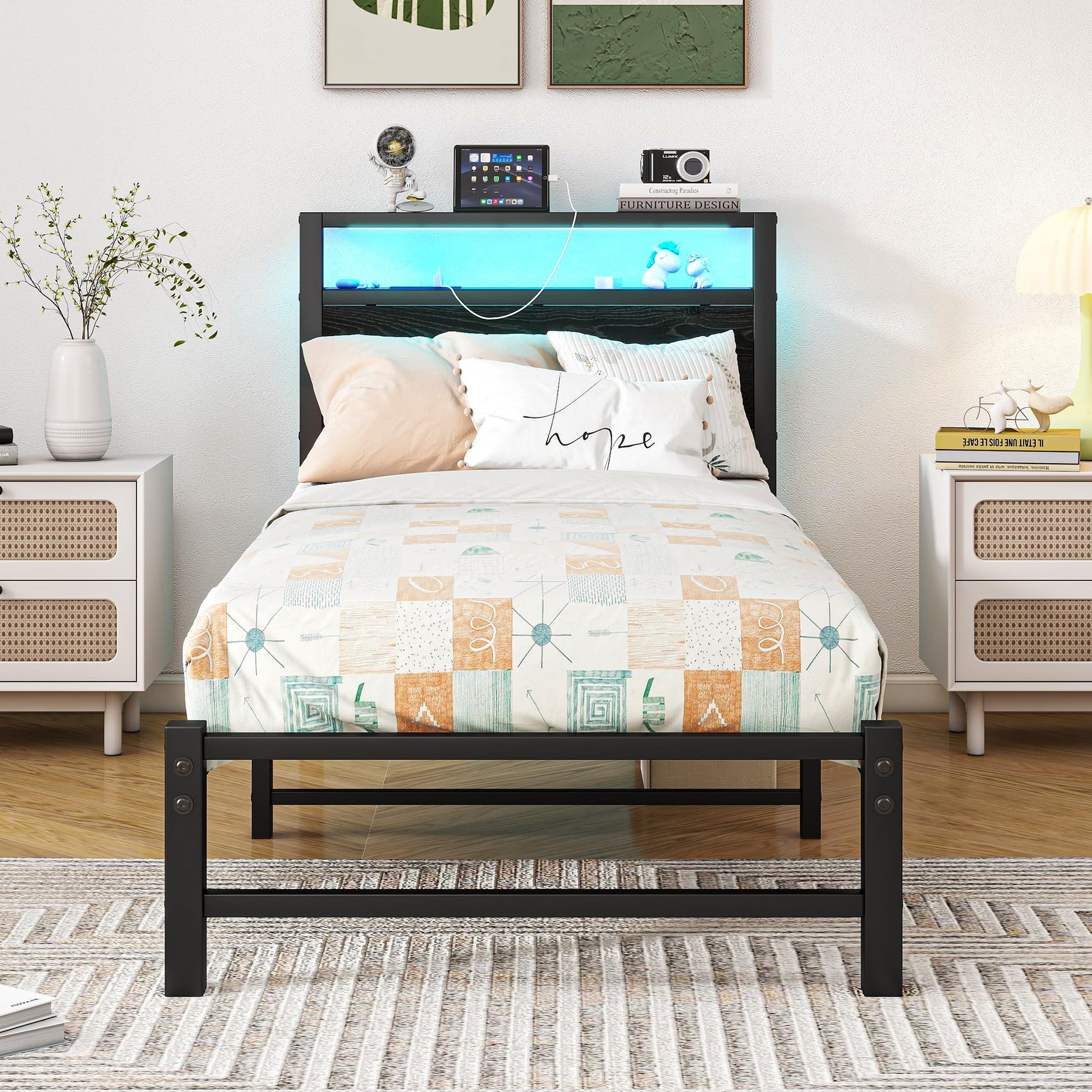 3ft Single Bed Frame with Storage Headboard, Charging Station and LED Lights