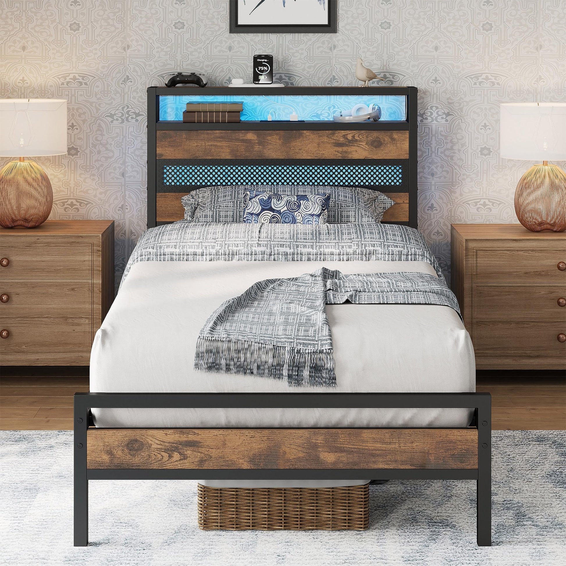 Single Bed Frame with Storage Headboard, Charging Station and LED Lights
