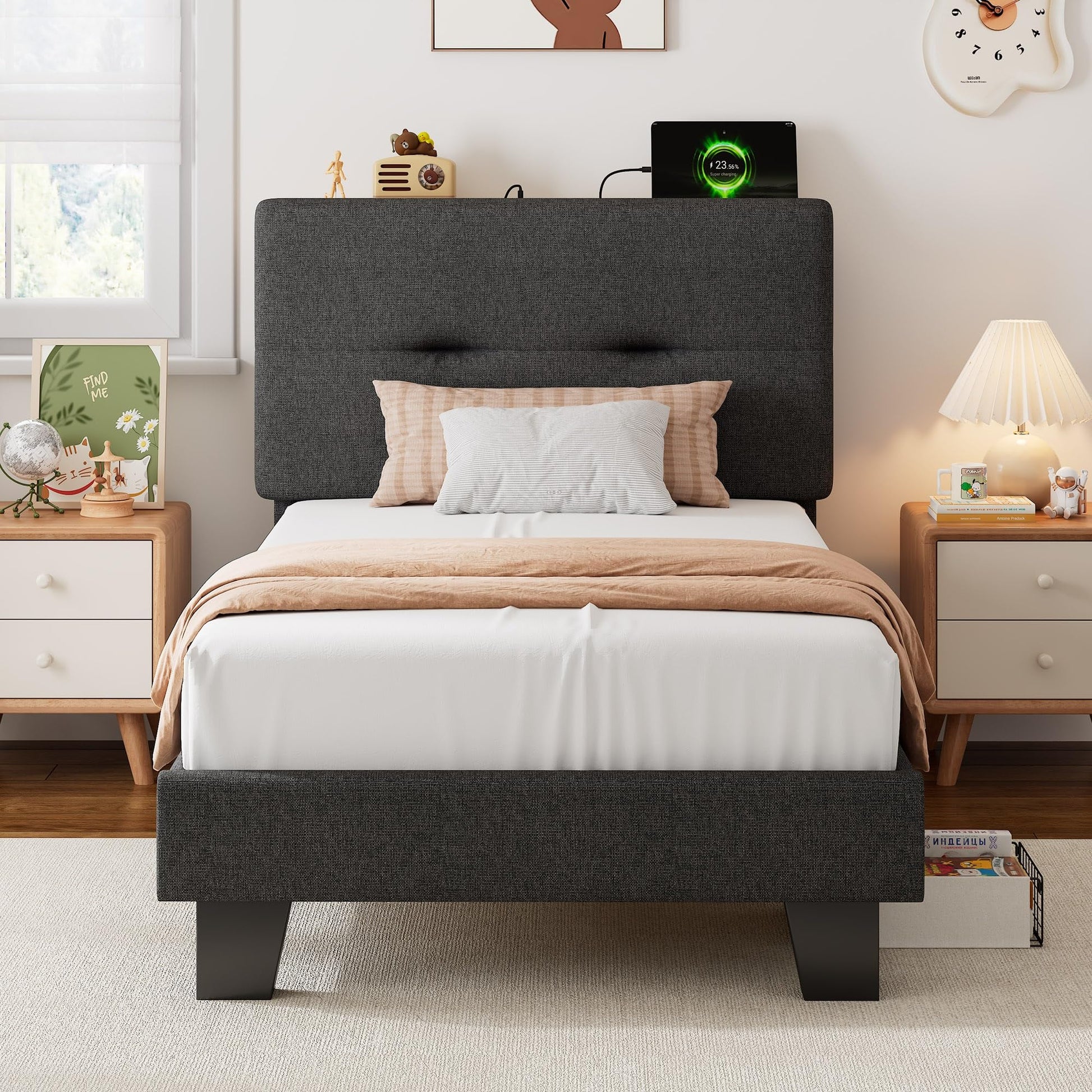 Single Bed Frame with Charging Station and Storage Headboard, Linen Upholstered