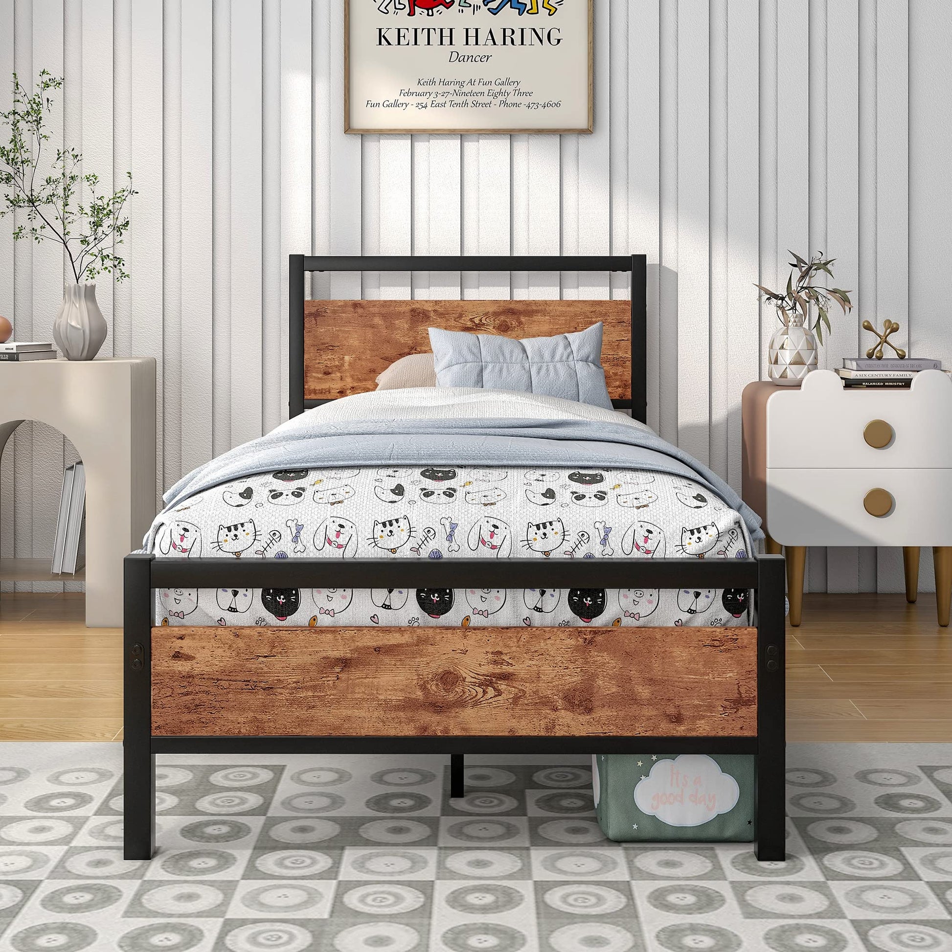 Industrial Metal Single Bed Frame with Wood Headboard