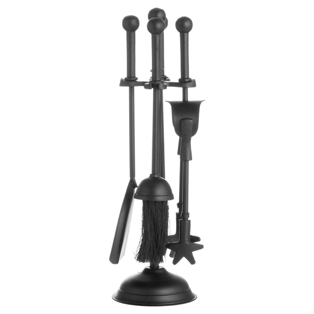 Black metal ball-topped fireplace companion set with 40cm height and 12cm base, minimalist design by Sostter at brixbailey.com