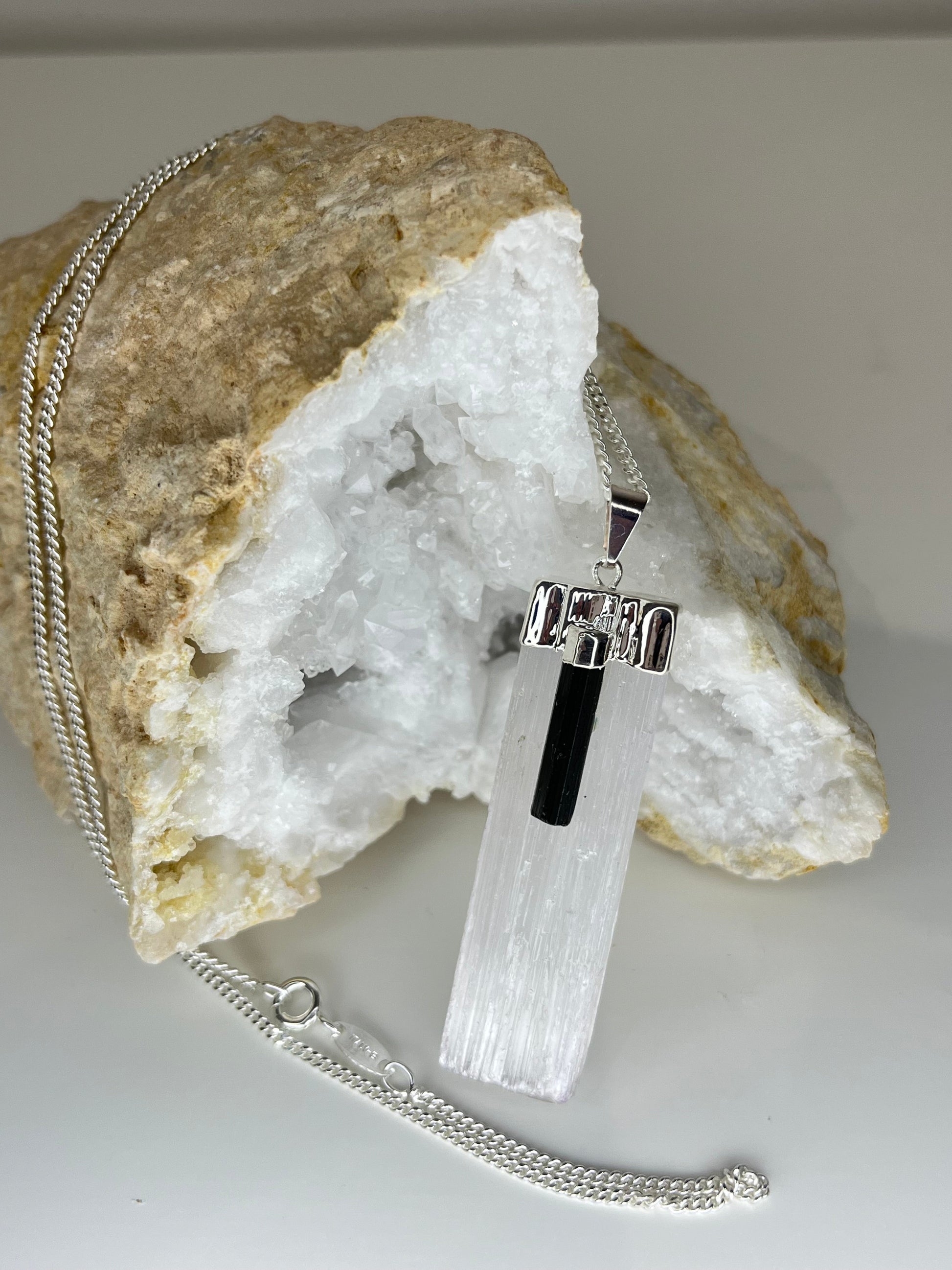 Selenite and Tourmaline Protection Wand Necklace 20 inch Silver Plated