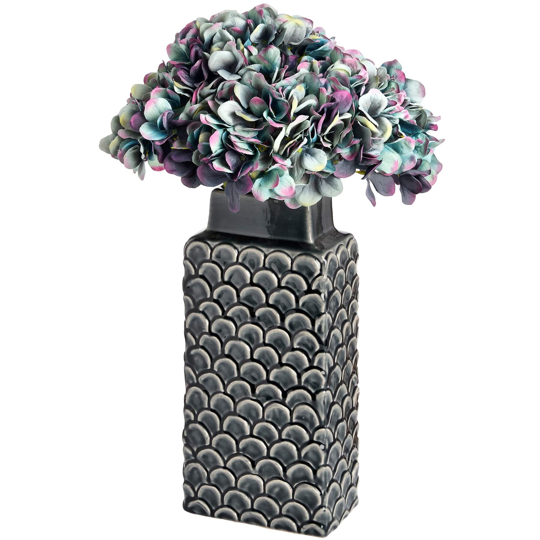 Handcrafted Mediterranean blue ceramic vase with intricate patterns, rectangular shape, 32cm height, for home decor. by RoomLondon at brixbailey.com
