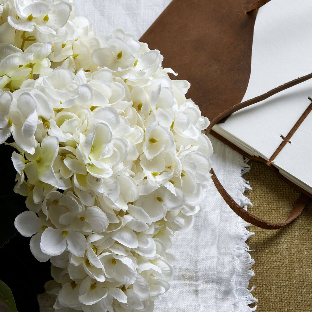 Lifelike white hydrangea arrangement in antique vase, artificial flowers for timeless home decor  by sostter at brixbailey.com