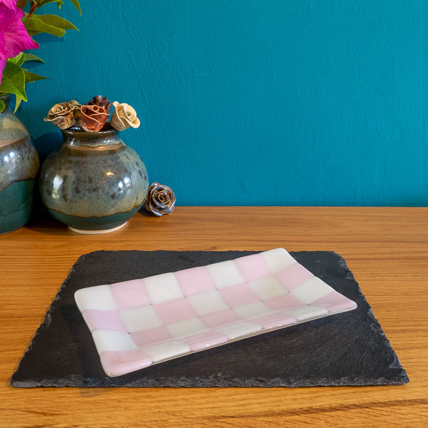 Chequered White and Colour Large Fused Glass Tray 21x12cm