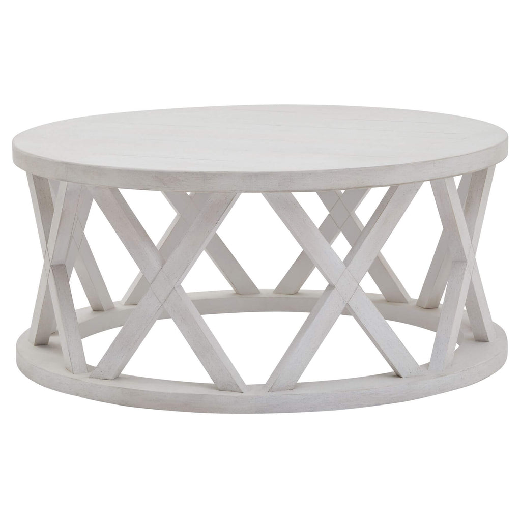 Distressed white pine round coffee table with lattice design, rustic-modern centerpiece for living room decor. by RoomLondon at brixbailey.com