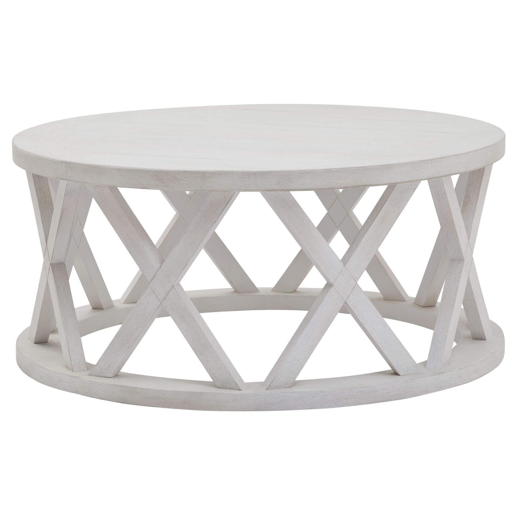 Distressed white pine round coffee table with lattice design, rustic-modern centerpiece for living room decor. by RoomLondon at brixbailey.com
