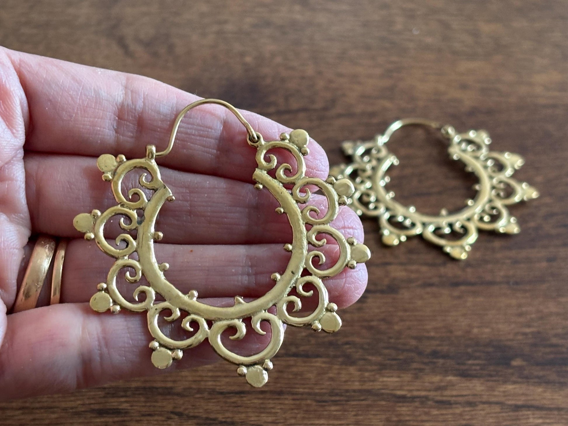 Sunburst Scroll Mandala Brass Hoops with Ethnic Scallop Detail