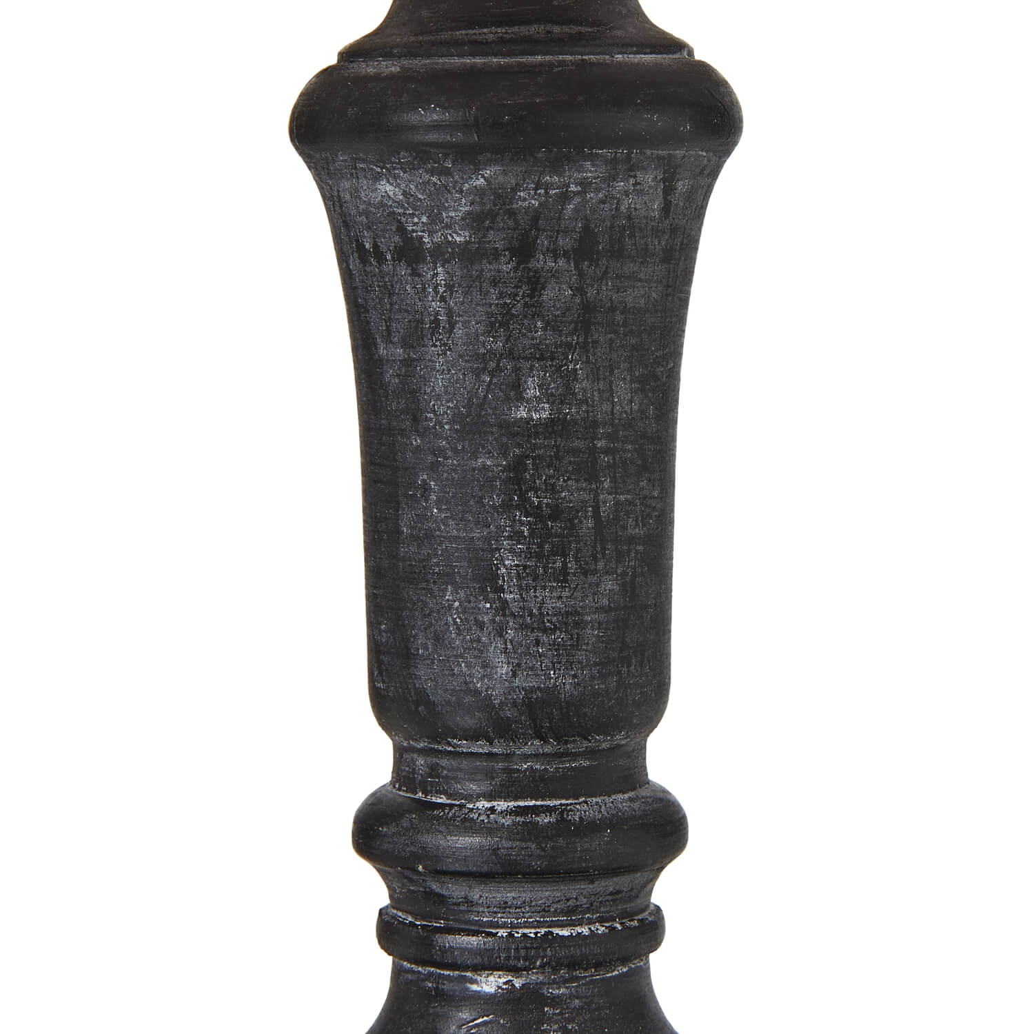 Distressed black Palmyra Column Table Lamp with neutral linen shade, rustic wood base, 20cm height.by Sostter at brixbailey.com