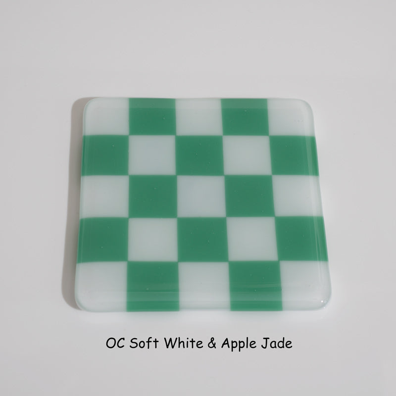 10cm Chequered Soft White Fused Glass Coaster
