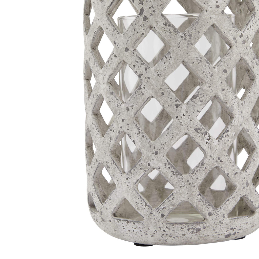 Matte grey stone-effect ceramic hurricane lantern with rustic texture and modern silhouette for home decor by sostter at brixbailey.com