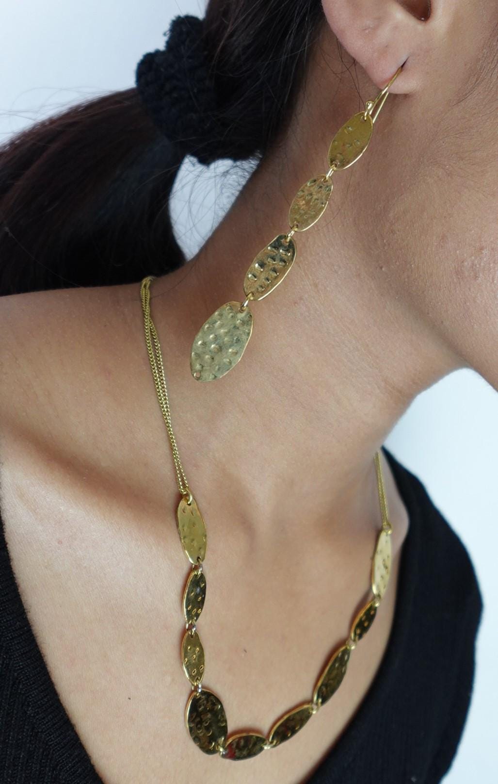 Solar Beam Oval Drops Hammered Brass Earrings