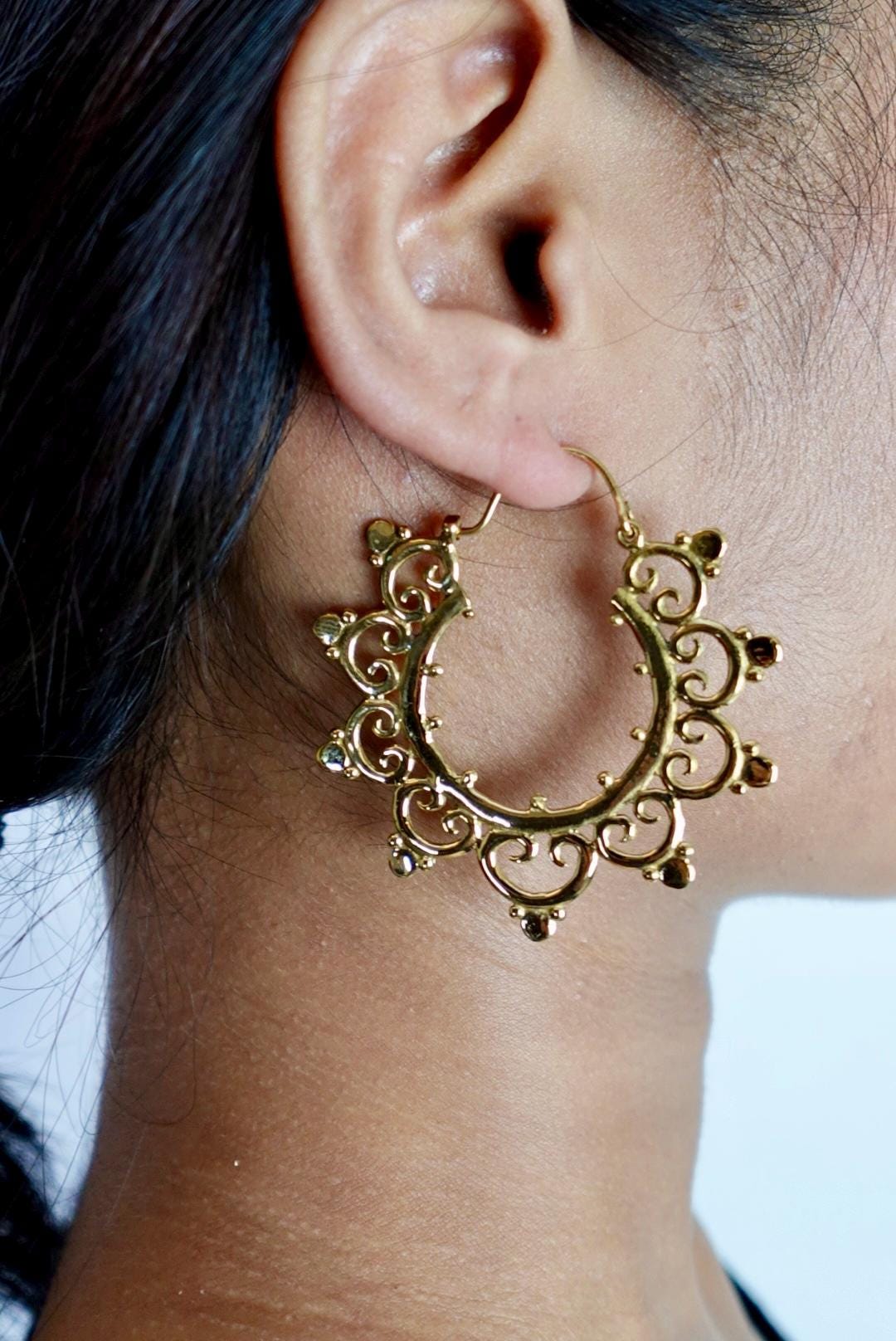 Sunburst Scroll Mandala Brass Hoops with Ethnic Scallop Detail