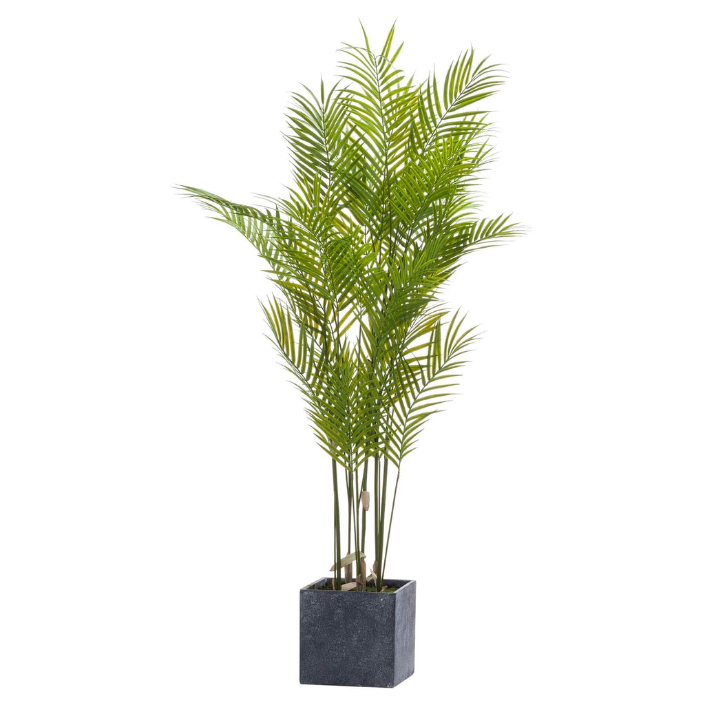 Lifelike faux palm tree in vibrant green with grey square container, 130cm tall, zero-maintenance artificial plant by sostter at brixbailey.com