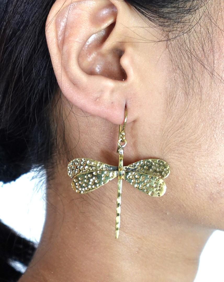 Textured Brass Dragonfly Earrings
