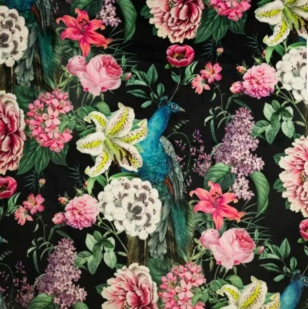 Peacock floral Velvet cylinder lampshade, in black, extra tall lampshade