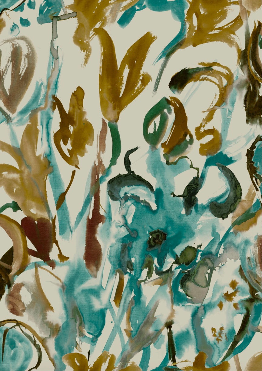 Watercolour Floral Wallpaper in Teal and Ochre