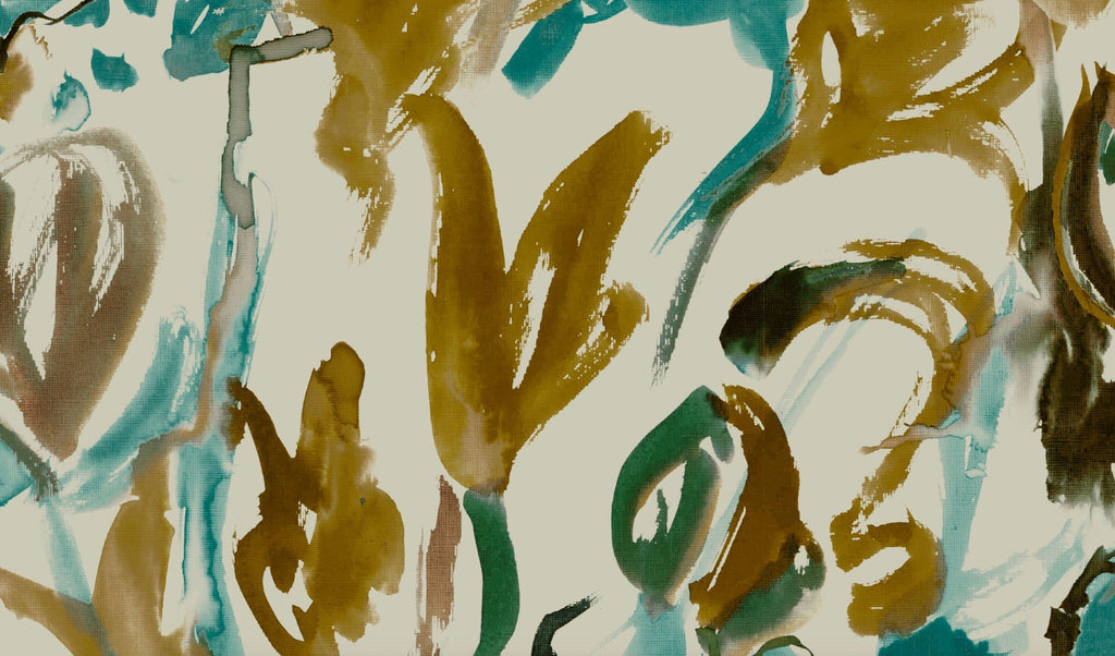 Watercolour Floral Wallpaper in Teal and Ochre