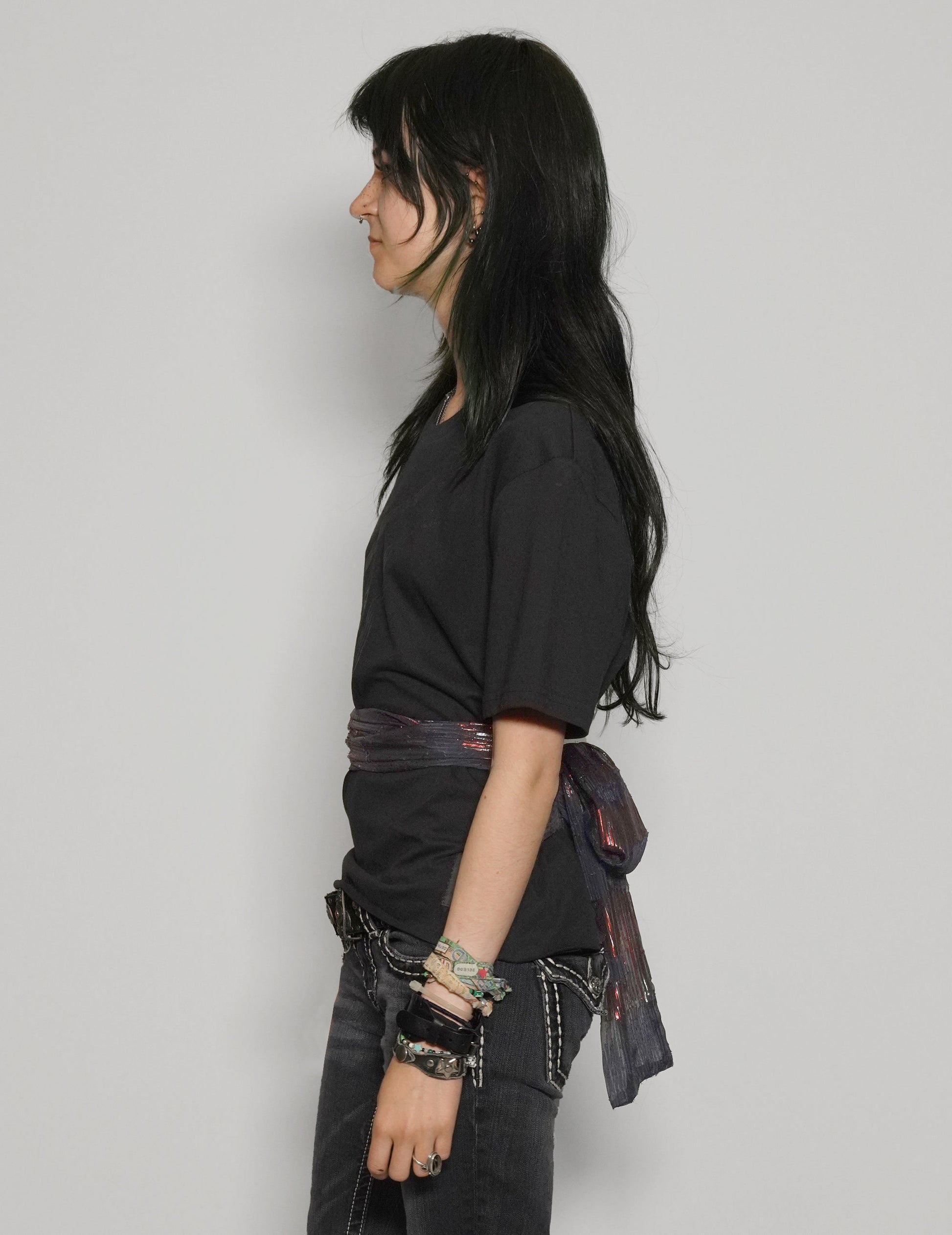 Black Cropped Tie Tee with Blue and Gold Silk Sequin Detail