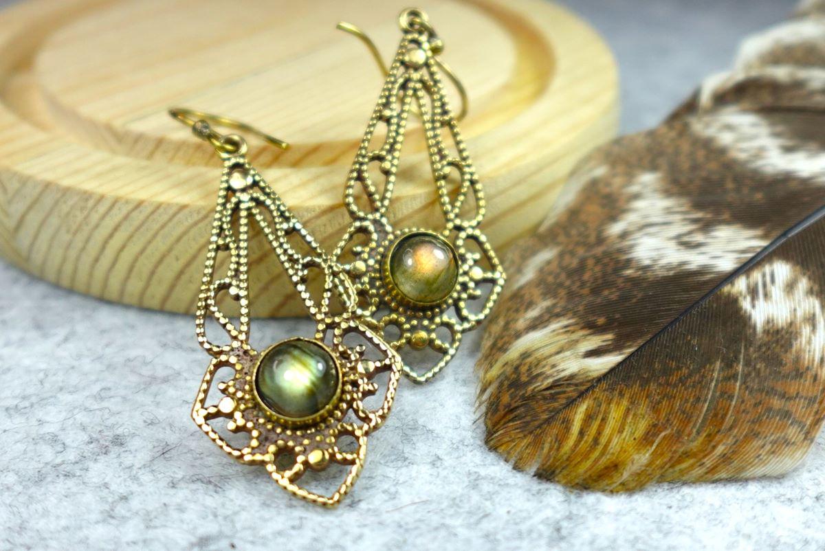 Mandala Brass Earrings with Gemstone Drop