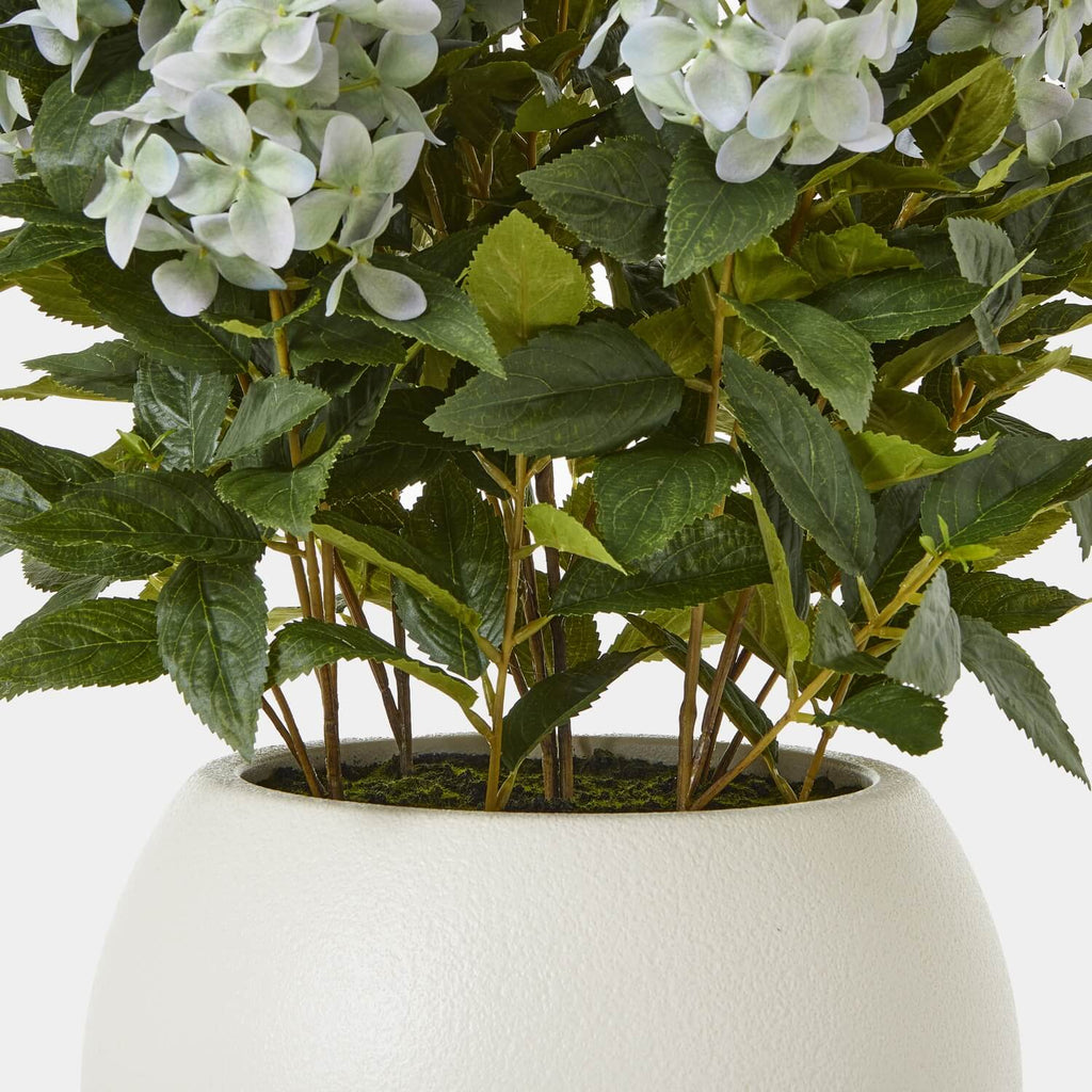 Large artificial hydrangea plant in pot with green leaves and ivory florets, perfect for home decor by sostter at brixbailey.com