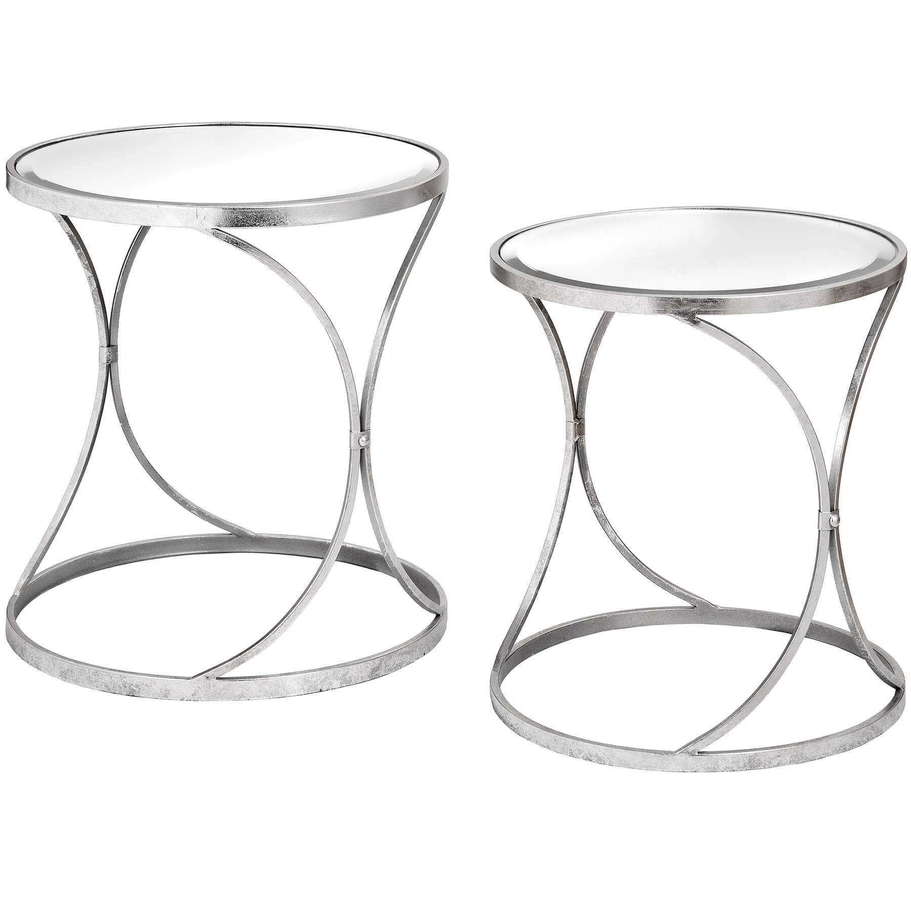 Silver mirrored curved side tables with metal frame, set of two for modern living room decor  

*(98 characters)*  
- **Keywords included:** silver, mirrored, curved side tables, metal frame, modern living room decor  
- **Clear description:** Describes shape, material, color, and quantity  
- **SEO & accessibility optimized:** Concise, avoids redundancy, focuses on visual details by RoomLondon at brixbailey.com