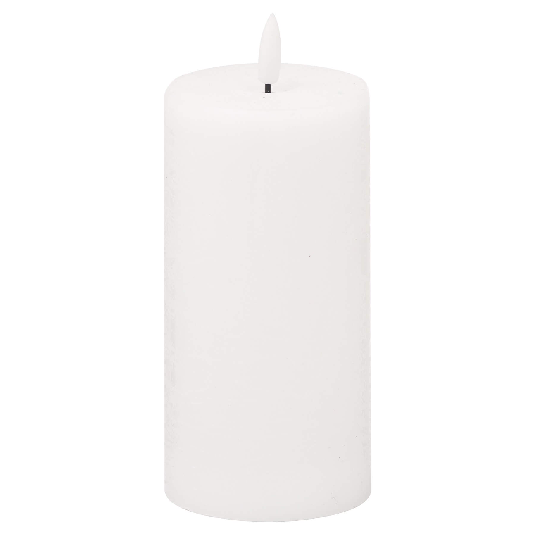 White LED pillar candle with realistic flickering amber glow, safe flameless design, 15cm height, plastic wax-like finish by RoomLondon at brixbailey.com