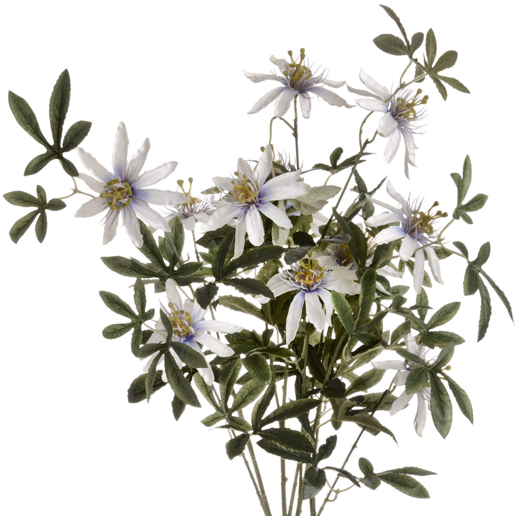 White artificial passion flower spray with green foliage, lifelike details, 89cm tall, perfect for home decor. by sostter at brixbailey.com