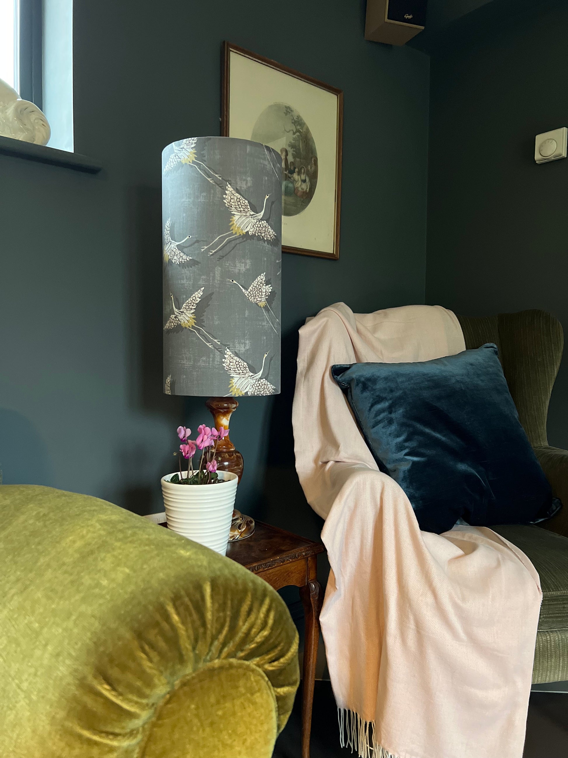 Flying birds in slate cylinder lampshade, in cotton, extra tall lampshade