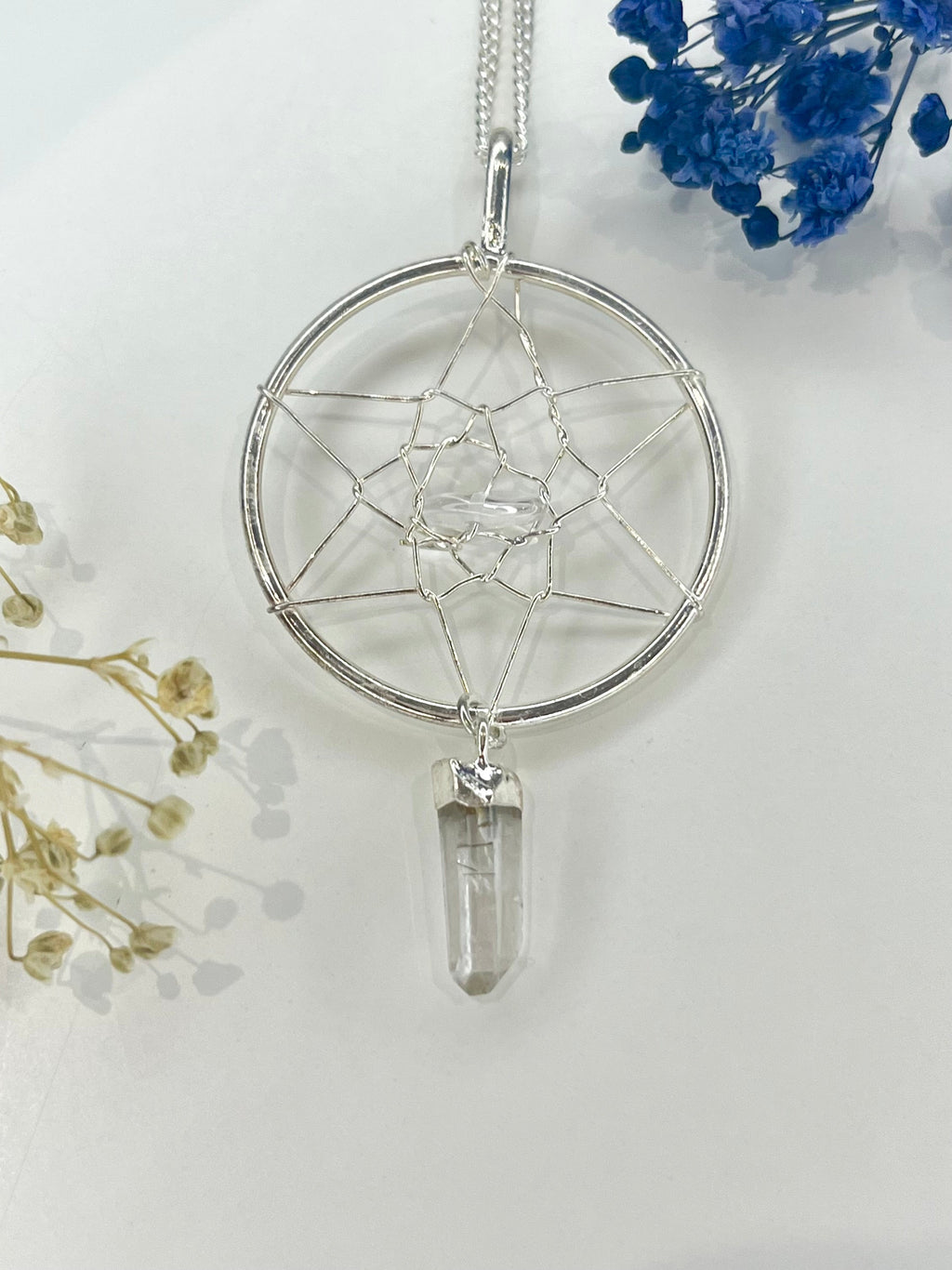 Quartz Dreamcatcher Pendant Necklace with Silver Plated Chain