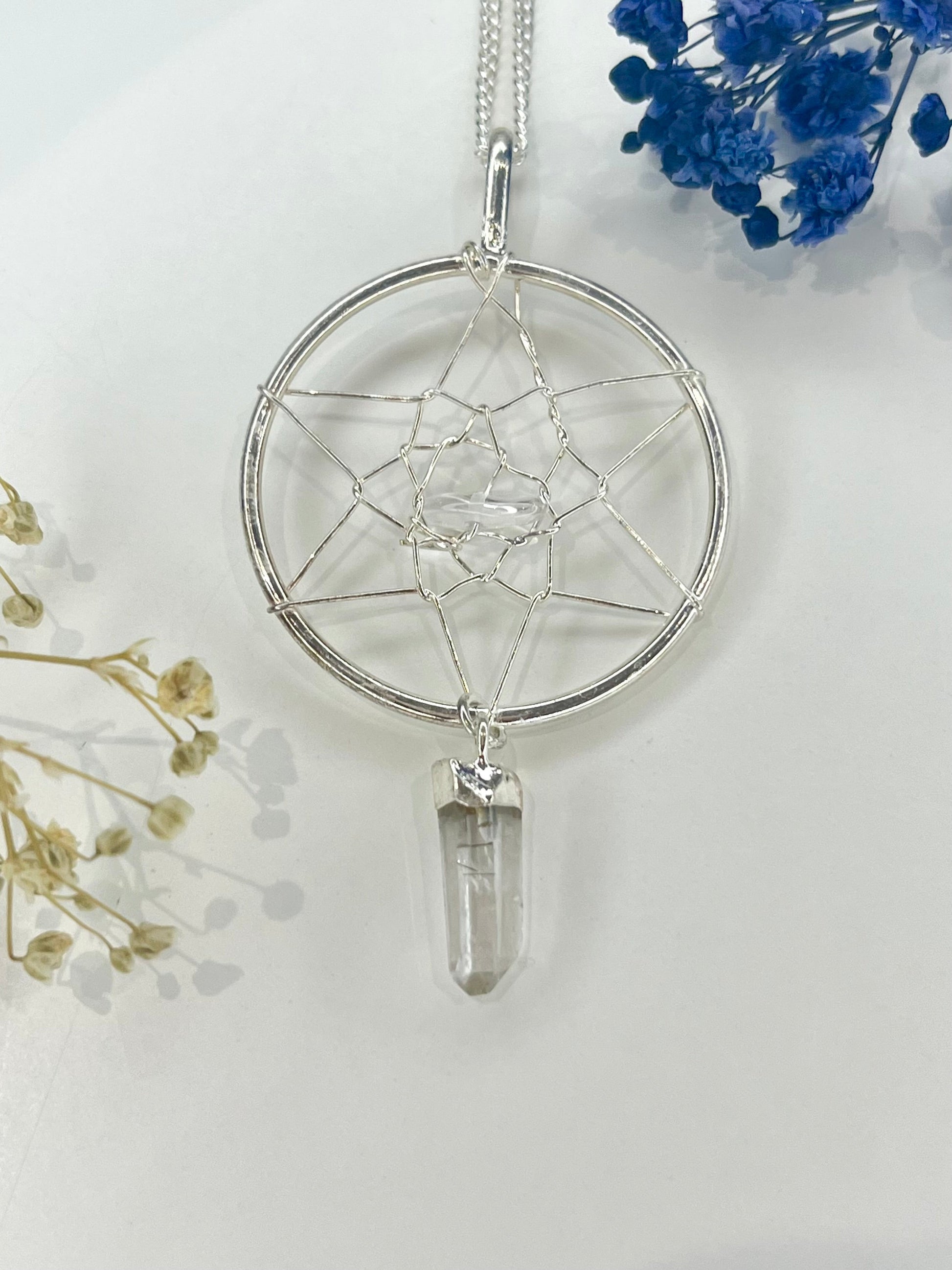 Quartz Dreamcatcher Pendant Necklace with Silver Plated Chain
