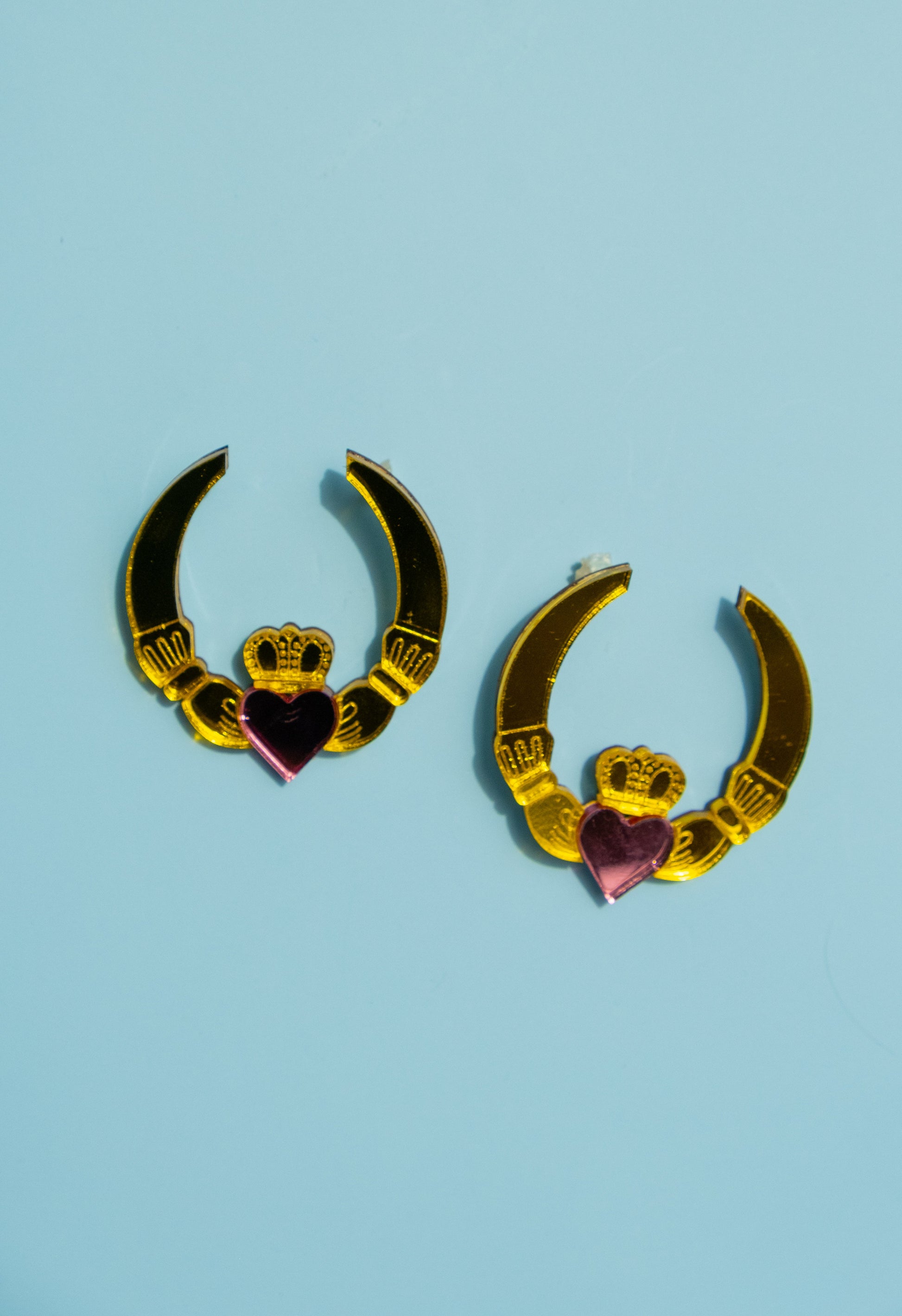Claddagh Ring Earrings in Silver and Emerald or Gold and Pink