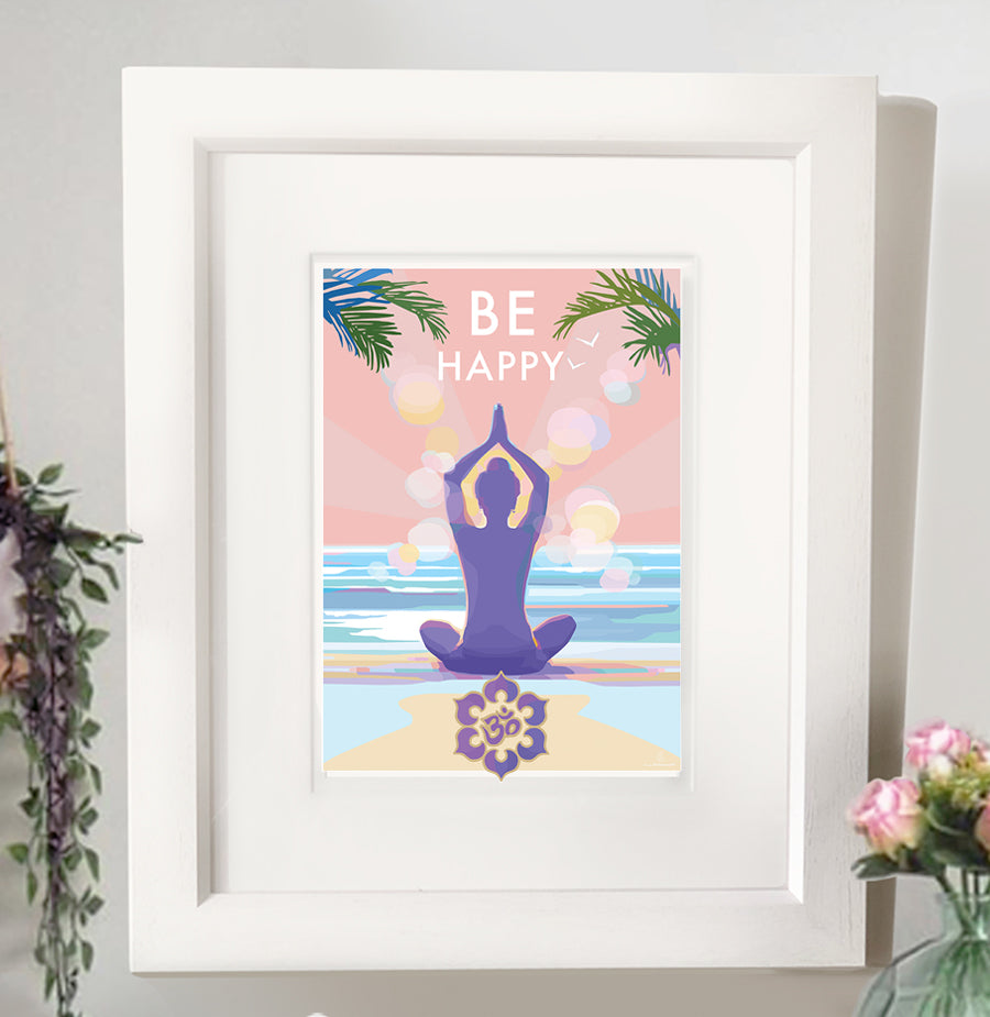 Be Happy Mindfulness Yoga Vintage Retro Quote Poster