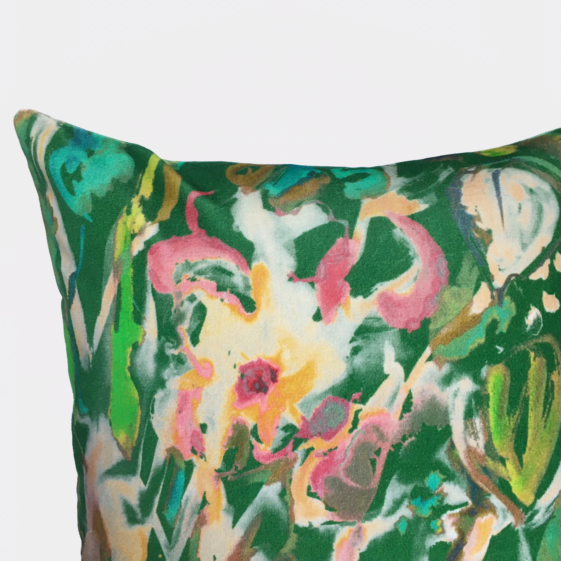 Watercolour Floral Velvet Cushion - Emerald