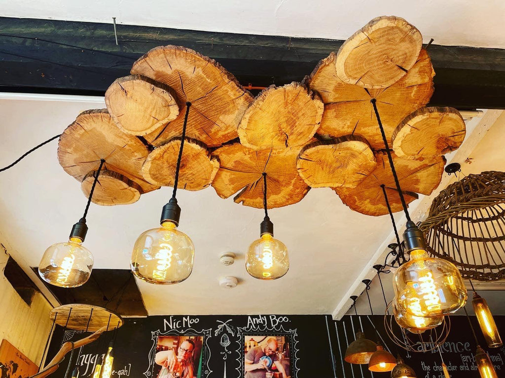 Oak Log Slice Chandelier with Five Bulb Holders