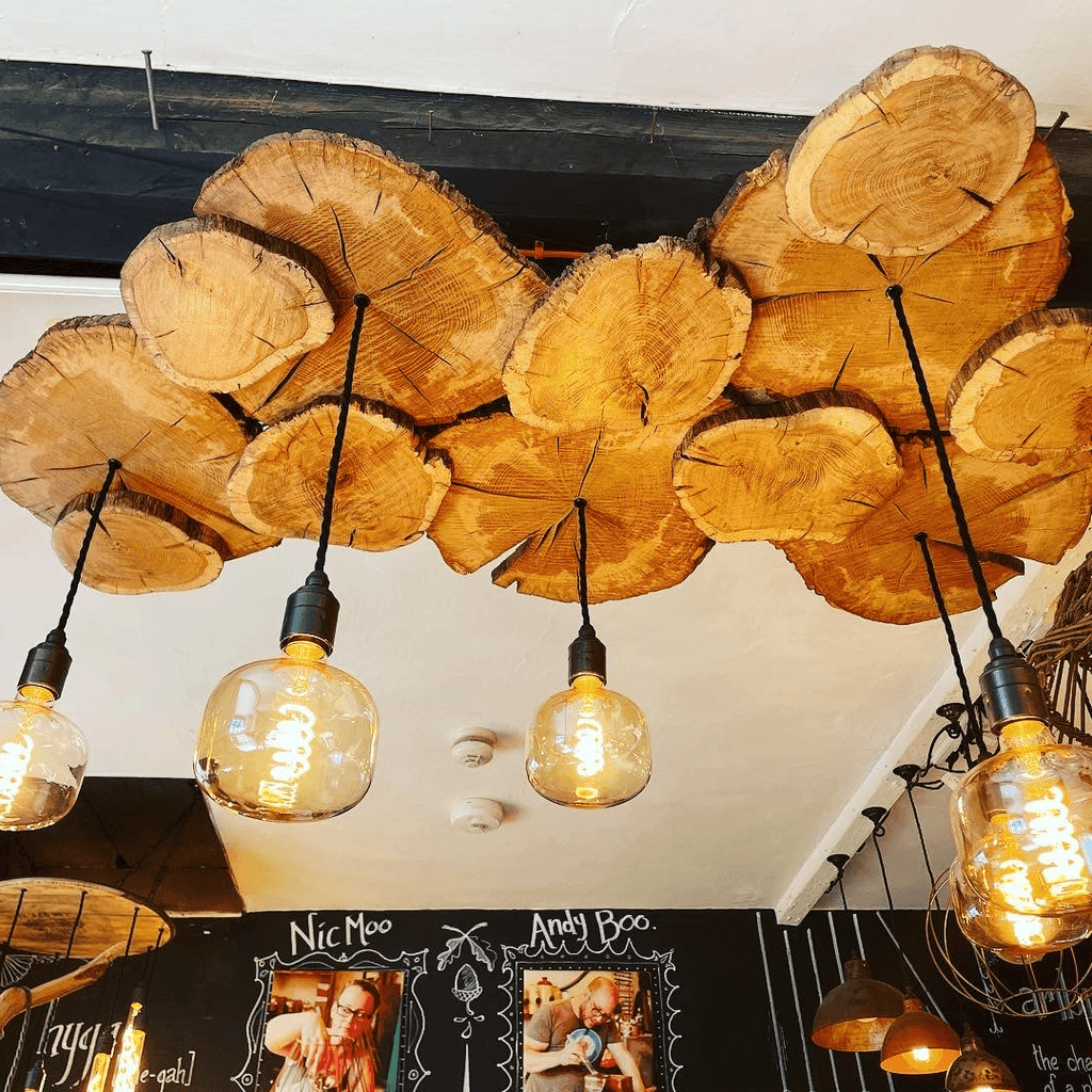 Oak Log Slice Chandelier with Five Bulb Holders