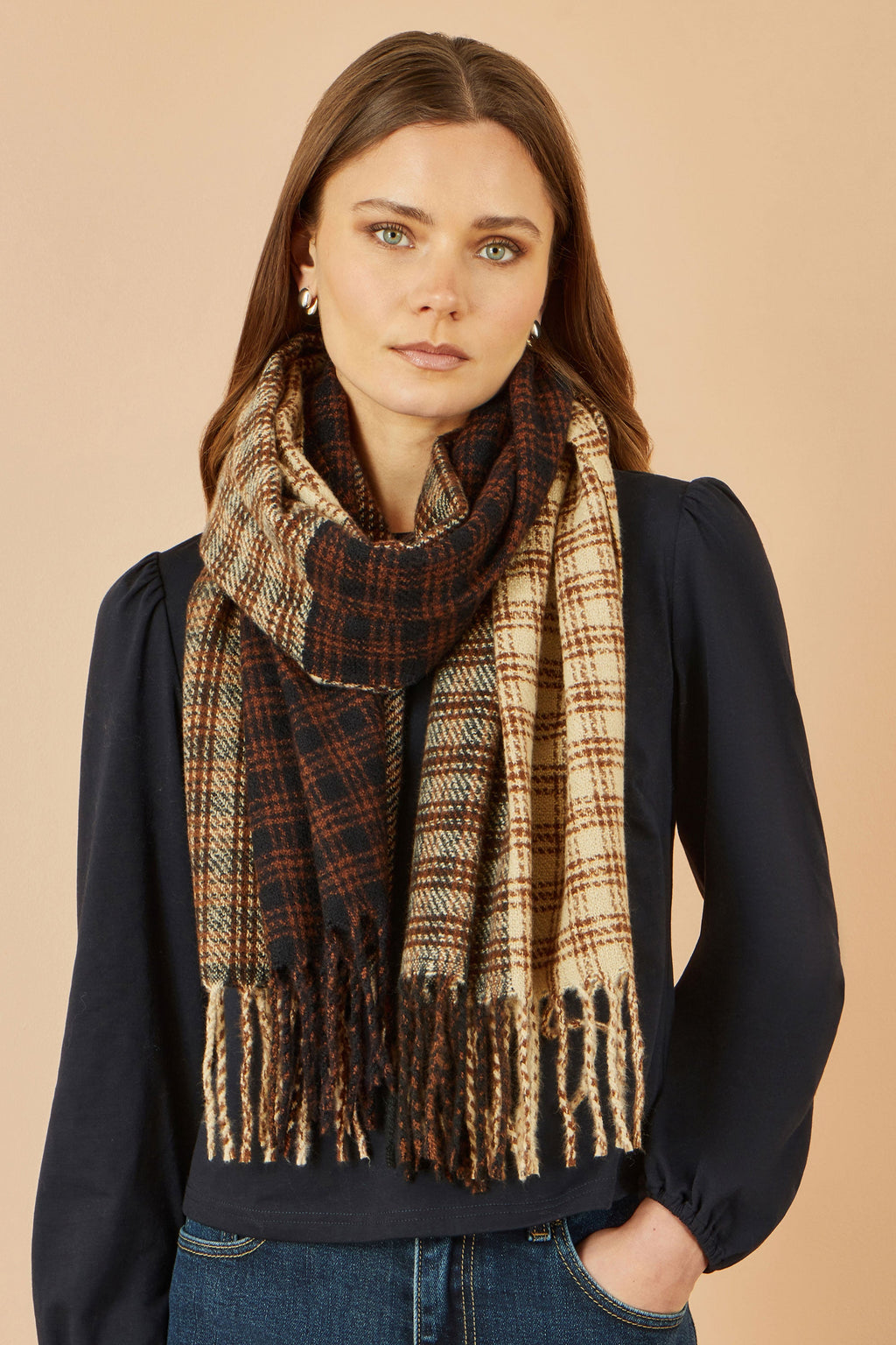 Brown Mixed Check Scarf