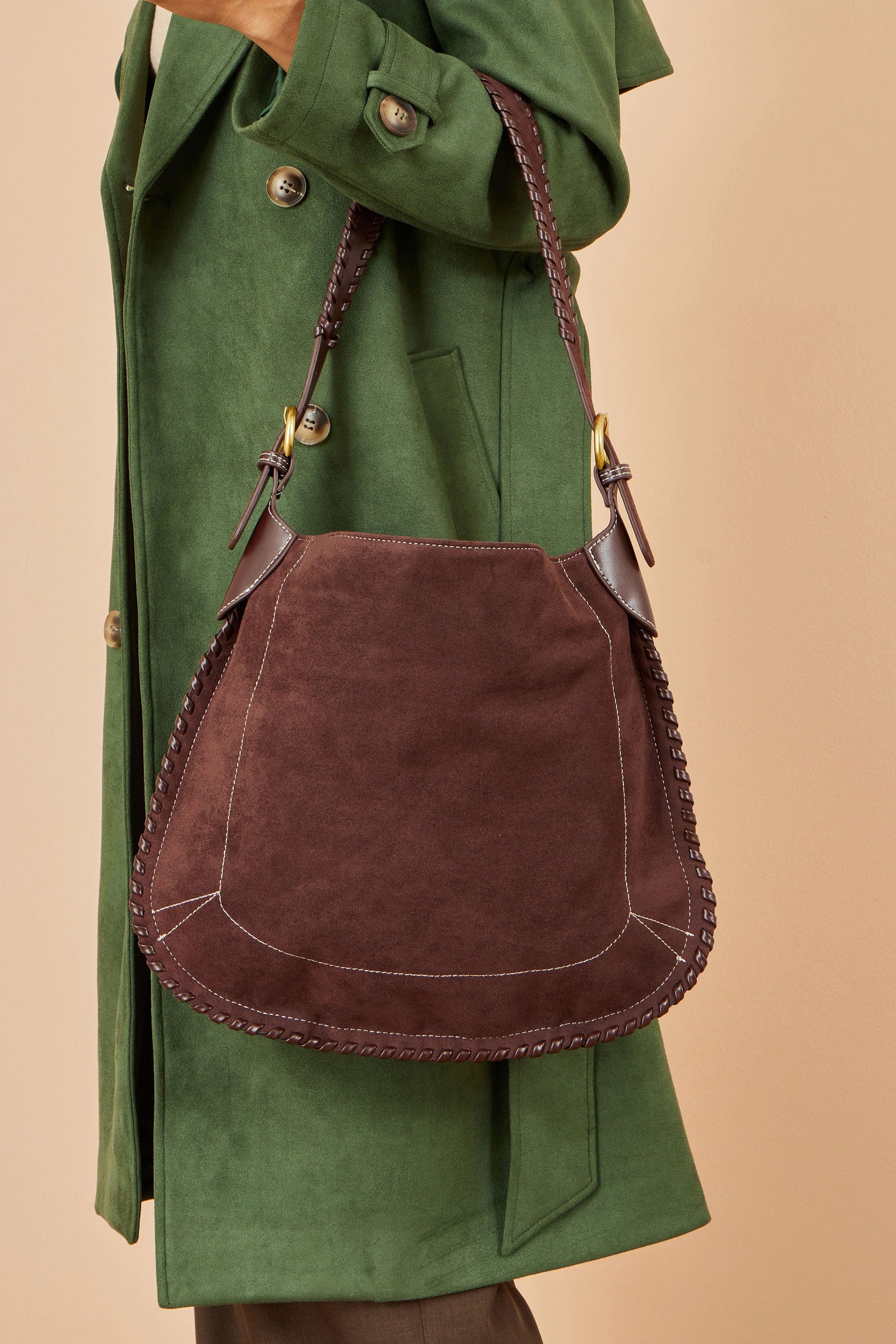 Brown Faux Suede Bag with Stitching Detail