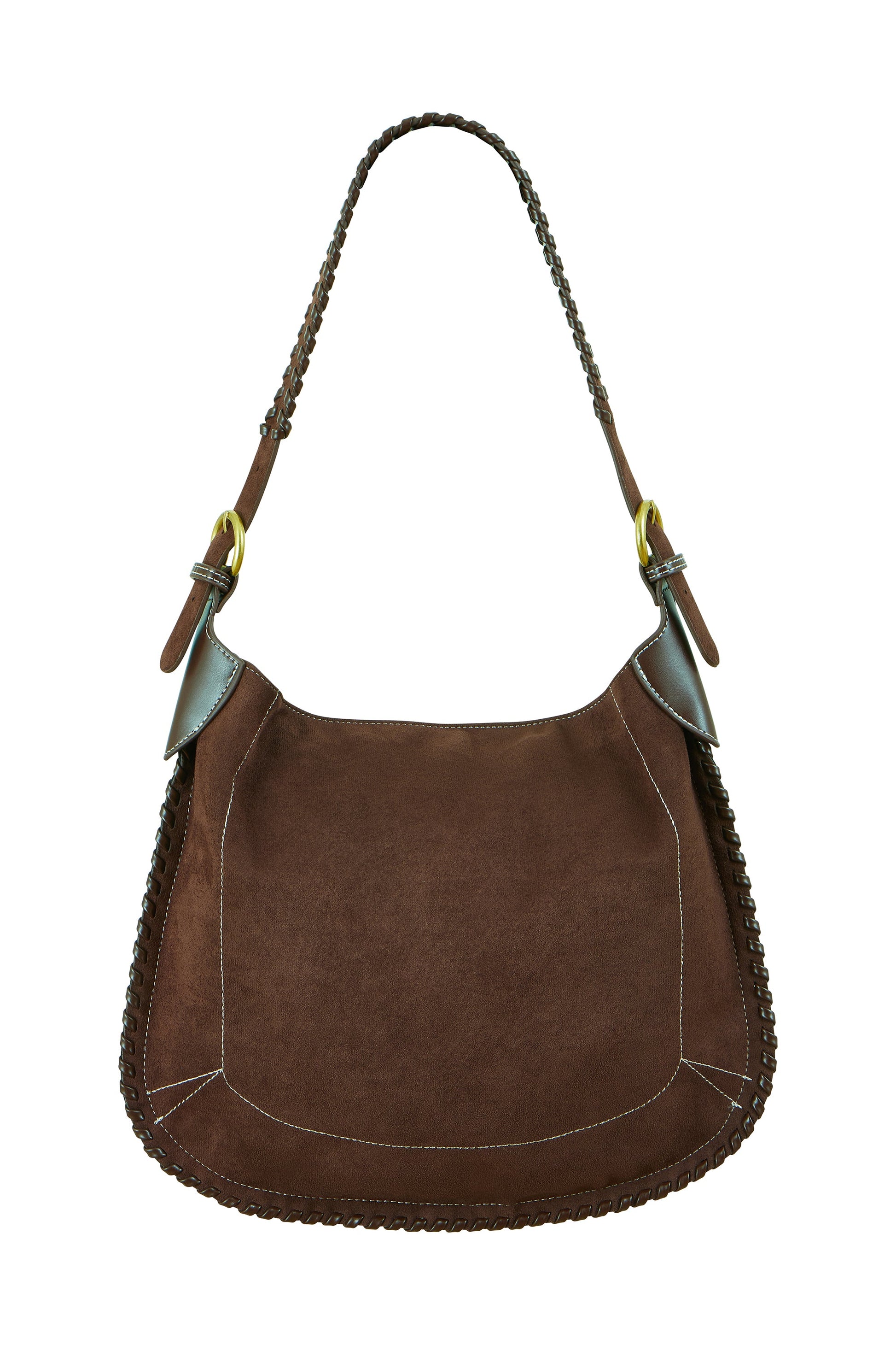 Brown Faux Suede Bag with Stitching Detail