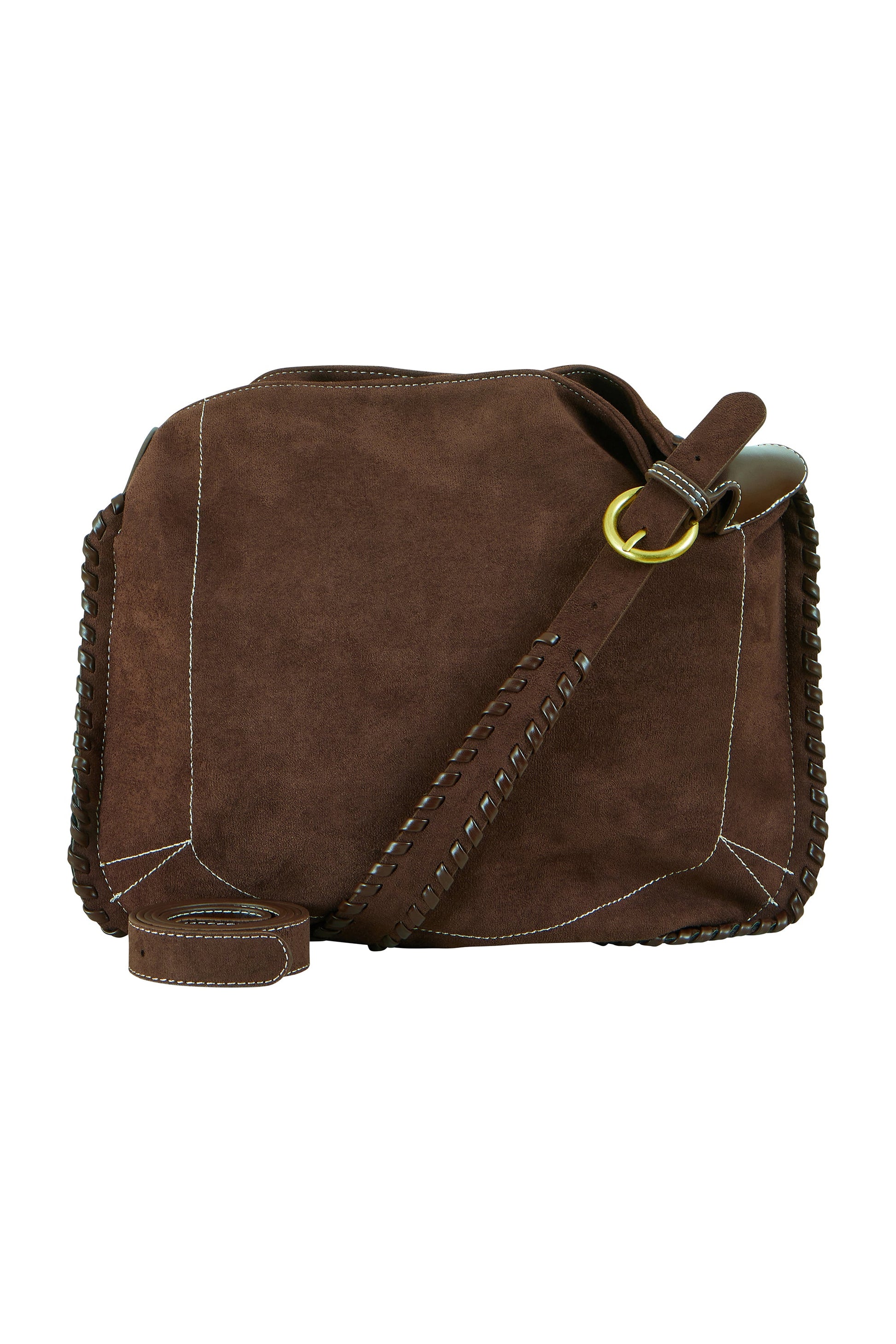 Brown Faux Suede Bag with Stitching Detail
