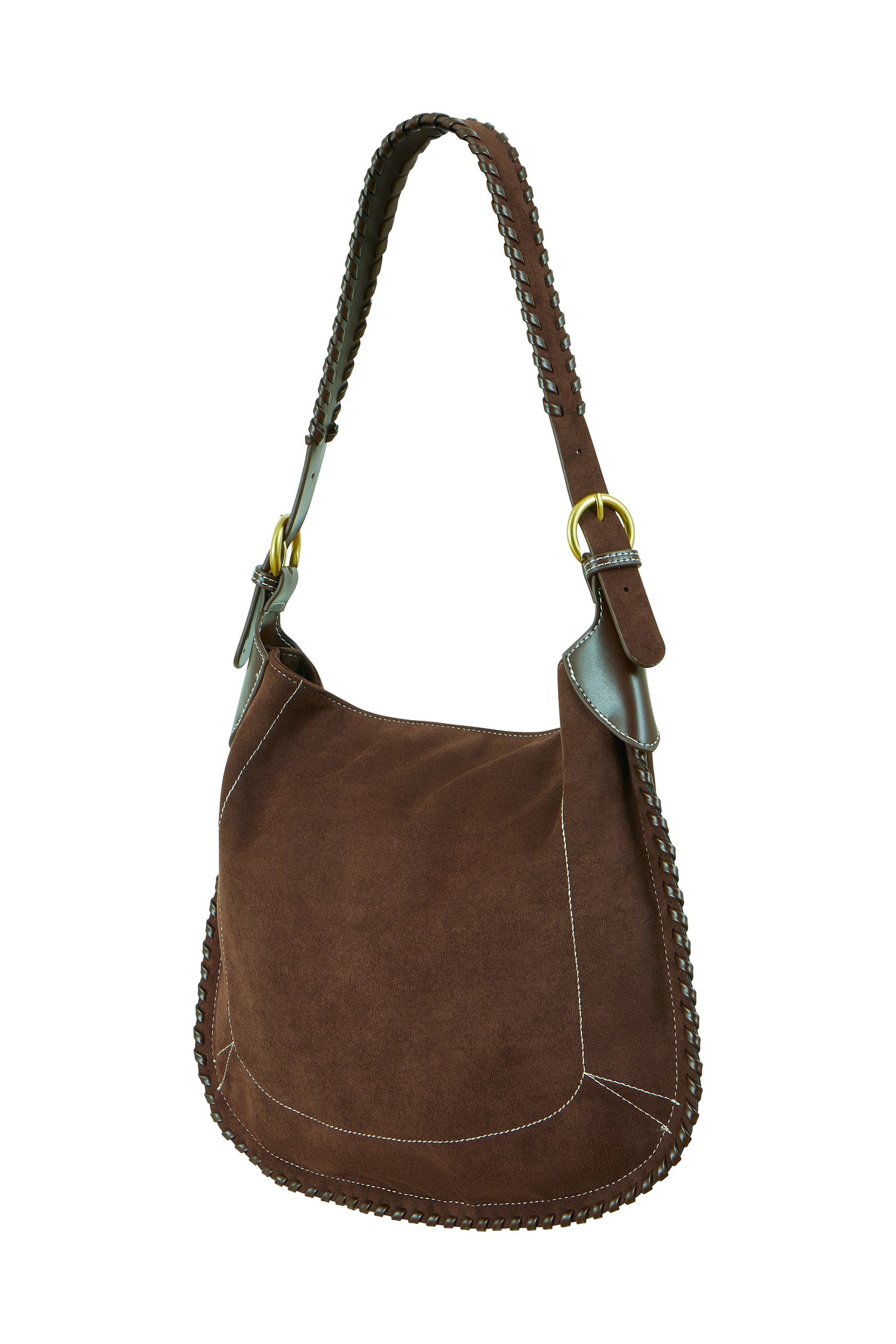 Brown Faux Suede Bag with Stitching Detail