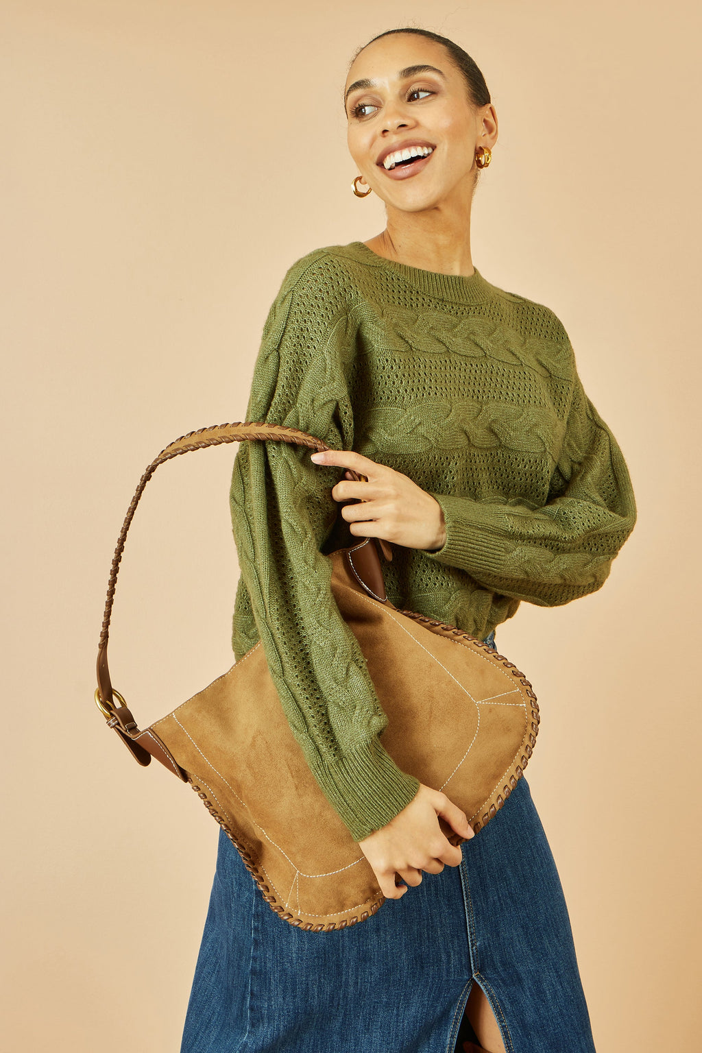 Tan Faux Suede Bag with Stitching Detail
