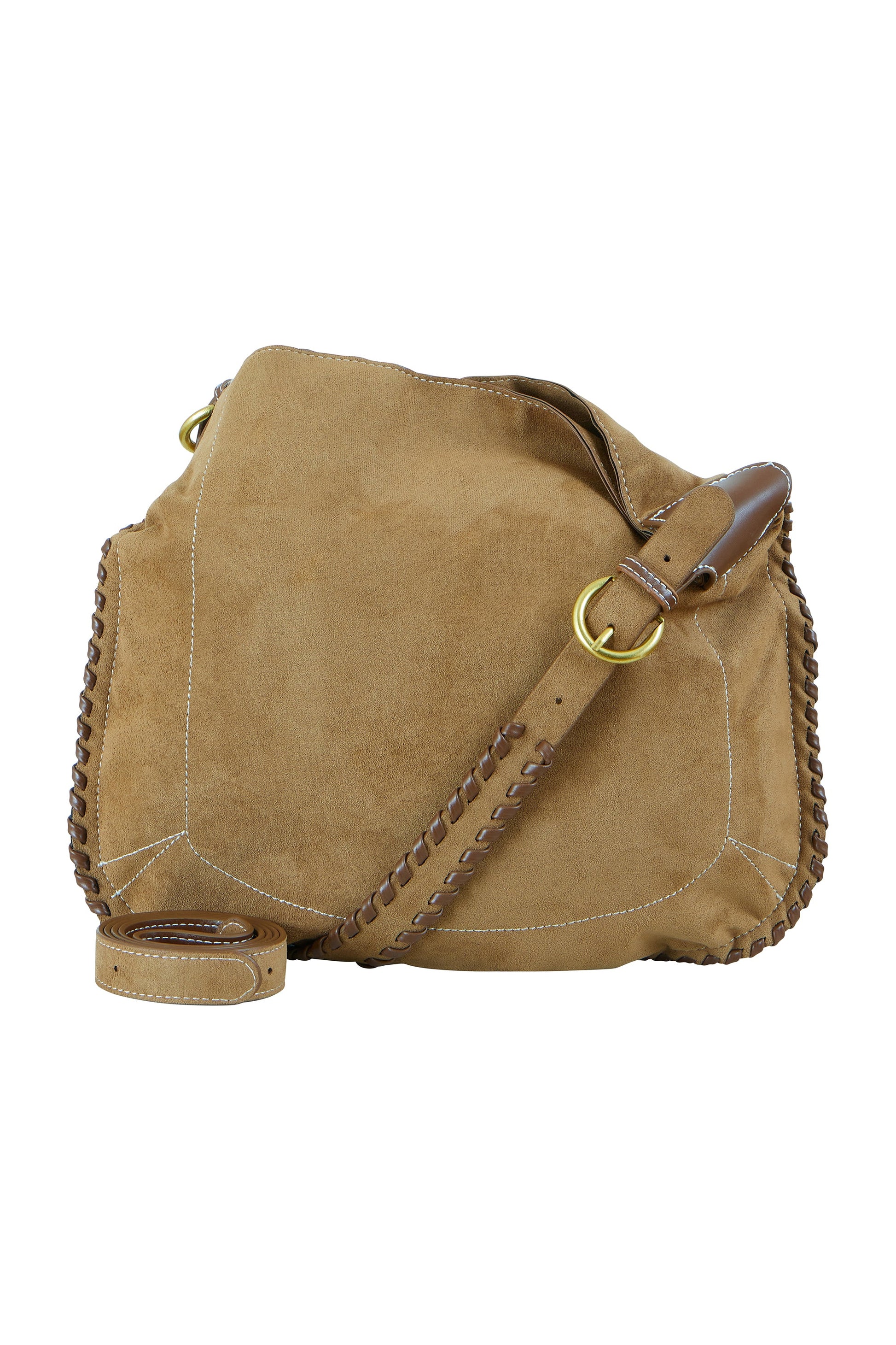 Tan Faux Suede Bag with Stitching Detail